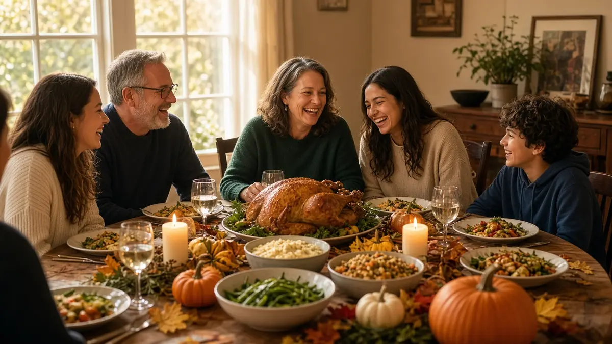 A family laughing around a Thanksgiving table with a roast turkey, side dishes, pumpkins and candles