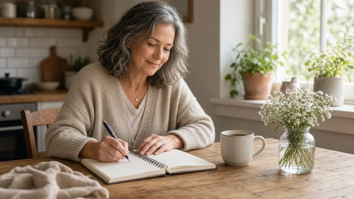 A calm woman with grey-streaked hair writing in a planner at a sunny kitchen table with coffee and fresh flowers